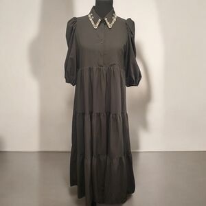 TCEC Black Tiered Dress with Rhinestone Collar Size M